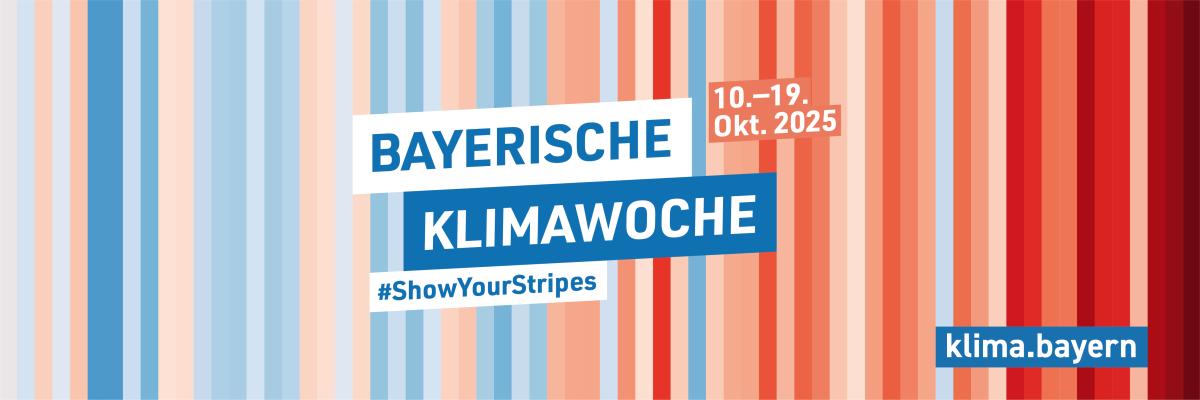 Webbanner der diesjährigen Bayerischen Klimawoche #shwoyourstripes vom 10.-19. Oktober 2025 klima.bayern