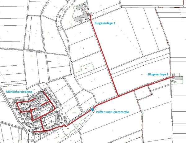 Planzeichnung des Wärmenetzes mit zwei Biogasanlagen