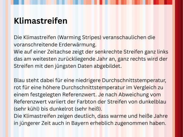 Erläuterung von Klimastreifen. Im Hintergrund Warmingstripes.