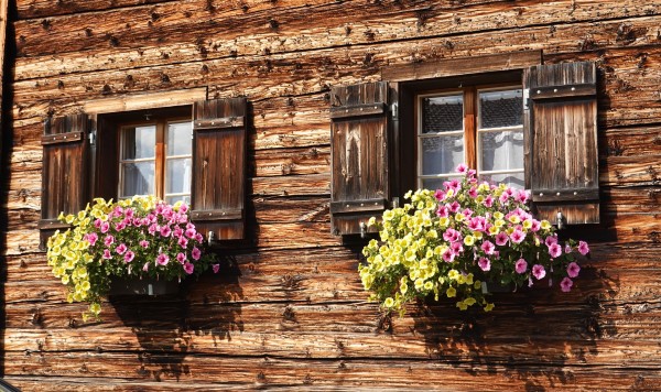 Holzhaus mit Blumenkästen