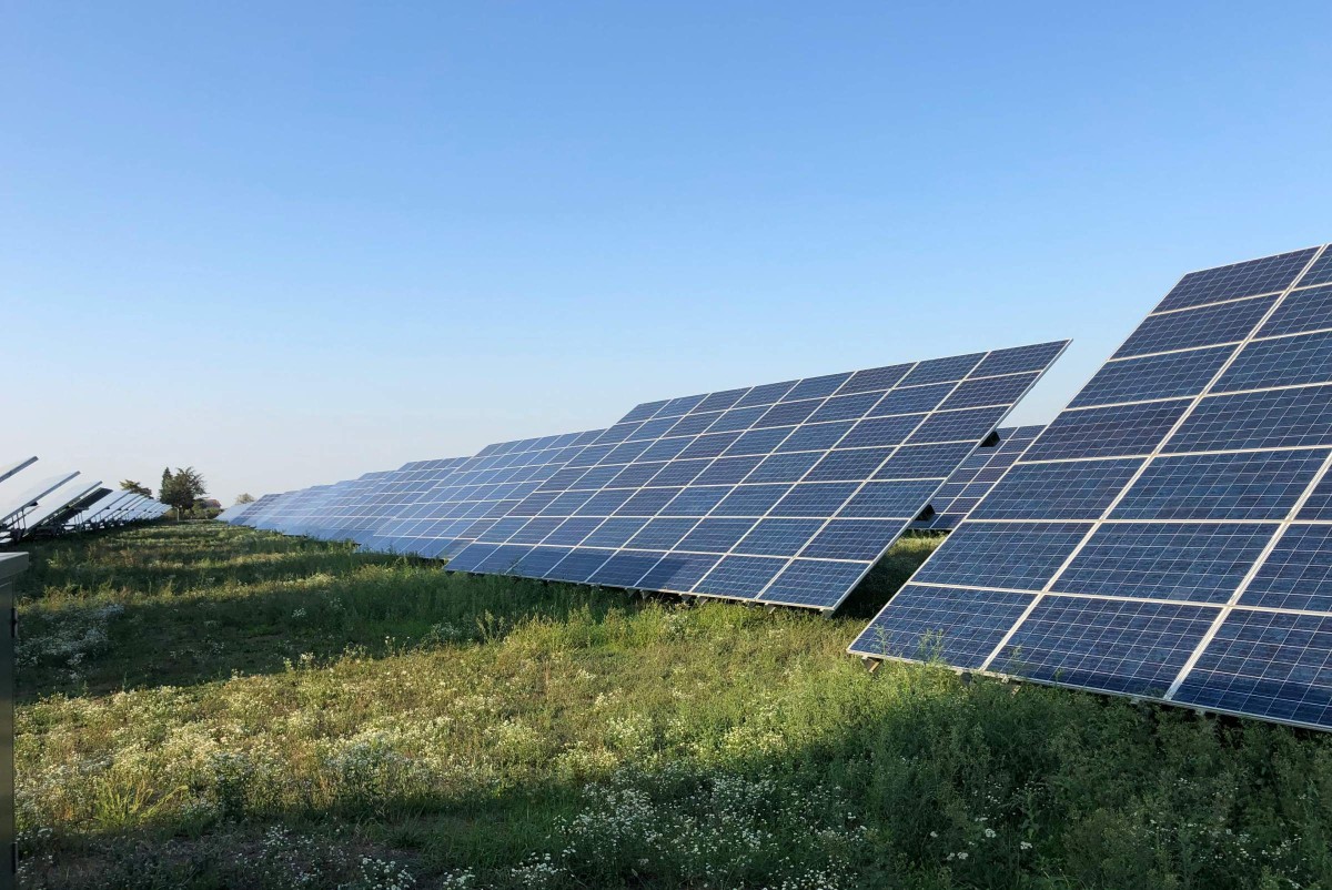 PV-Anlagen auf einer Wiese werden von der Sonne angestrahlt