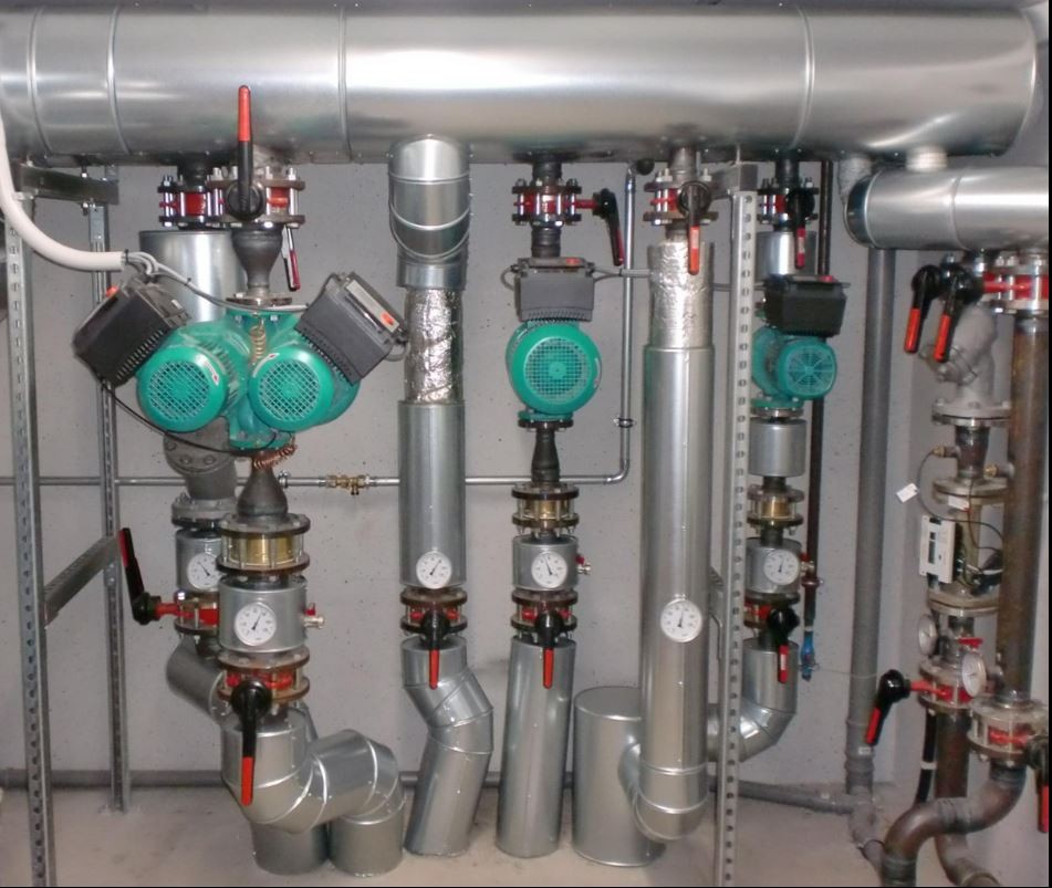 Pumpen in der Heizzentrale, links: Doppelpumpe zur Siedlung, rechts: Pumpen zu den Lieferanten