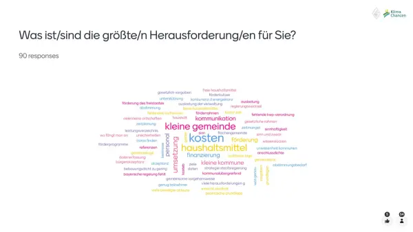 Frage 3: Was ist/sind die größte/n Herausforderung/en für Sie?  Bunte Wortwolke als Ergebnis. Kosten, Haushaltsmittel und kleine Kommune stechen hervor.