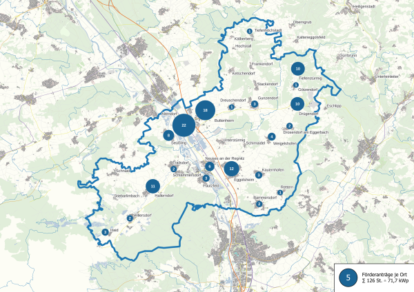Übersichtskarte, wie viele Balkonkraftwerke in den einzelnen Gemeinden der ILE Regnitz-Aisch 2022 gefördert wurden
