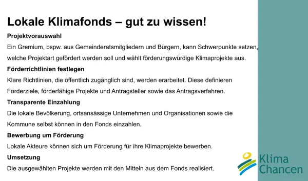 Erläuterung der einzelnen Schritte, wie ein lokaler Klimafonds funktioniert