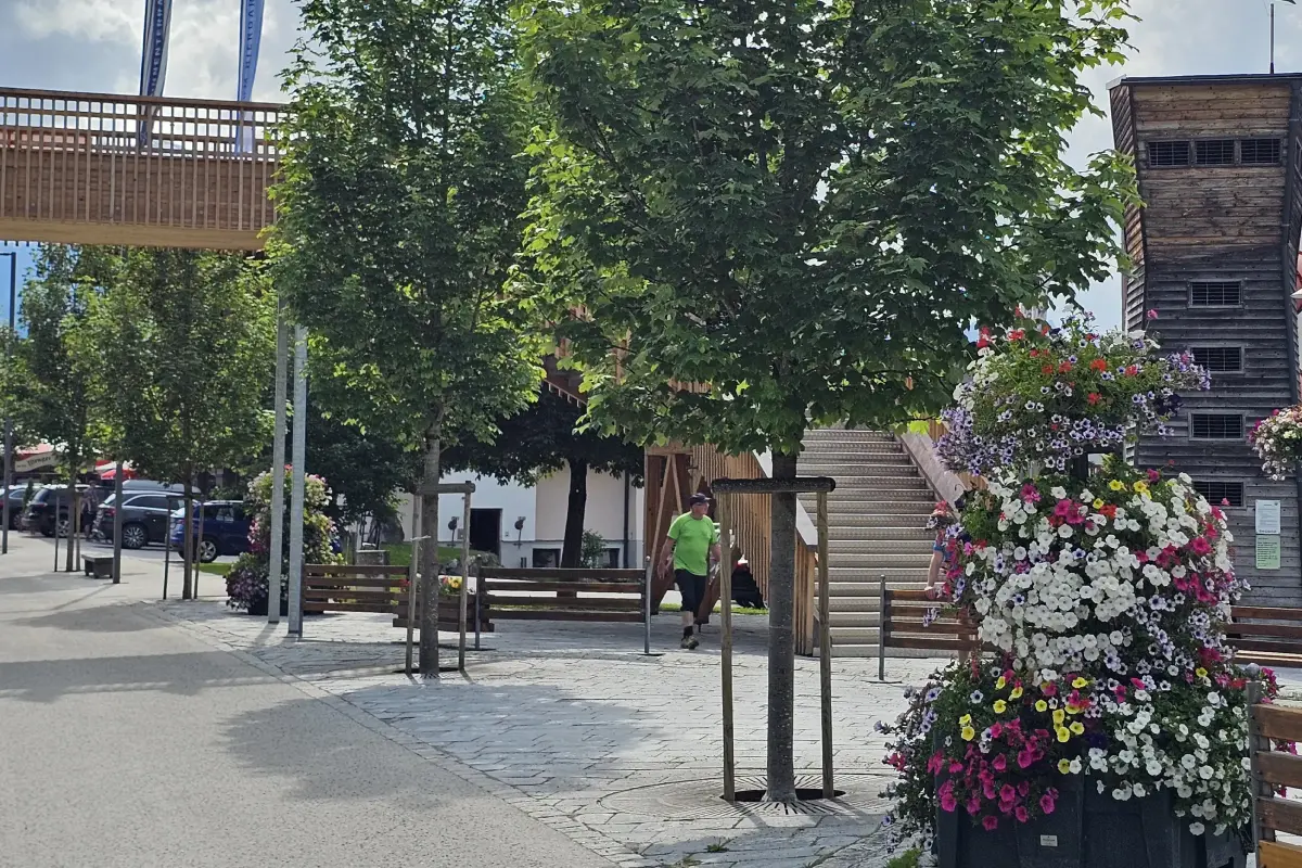 Bäume und Blumenarrangements in einem Dorf. Im Hintergrund parkende Autos und Holzgebäude.