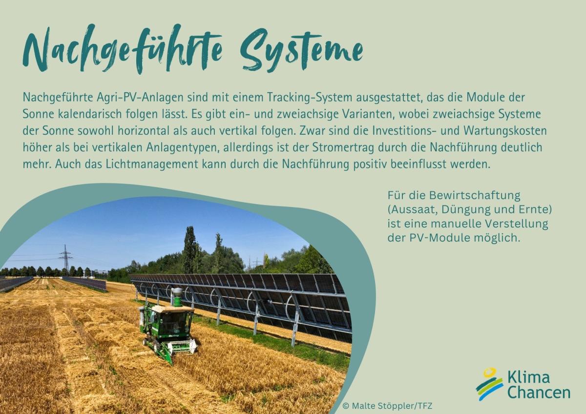 Infografik mit Abbildung einer getrackten Agri-PV-Anlage und Infos zum Anlagentyp