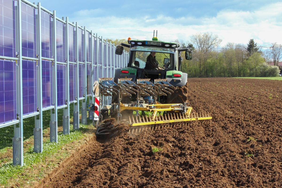Ein Traktor fährt neben Solarmodulen auf einem Feld. Darin sitzt ein Mann. Am Traktor ist ein gelber Pflug angebracht. Im Hintergrund stehen Bäume. Der Himmel ist bewölkt.