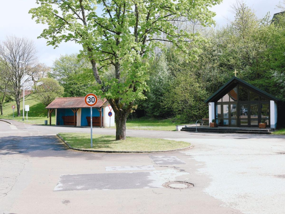 Baum steht auf grüner Wiese zwischen drei Straßen. Recht kleine Kapelle. Links ein 30er Schild und eine kleine Hütte.