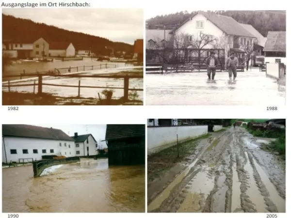 Vier verschiedene Fotoaufnahmen von Überflutungssituationen.