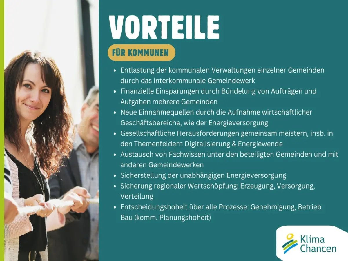 Links Frau und Mann, die lächelnd an einem Seil ziehen, recht grüner Hintergrund mit Erklärtext.