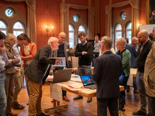 Mehrere Menschen stehen um einen Tisch mit Laptops und Printmaterial und diskutieren.