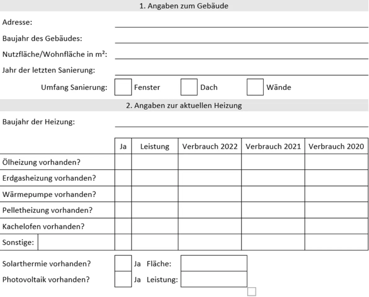 Ausschnitt des Fragebogens zur Erhebung von Gebäudedaten im Markt Kohlberg.
