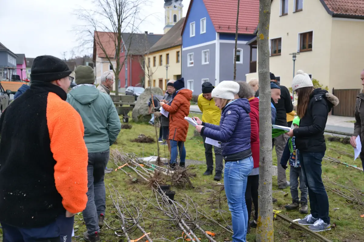 Menschen stehen in herbstlicher Kleidung auf Dorfplatz und bekommen Bäume zugeteilt. Im Hintergrund Häuser.