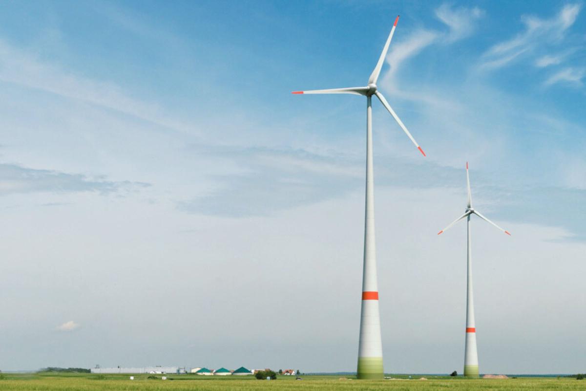 Zwei Windkraftanlagen auf einer Wiese